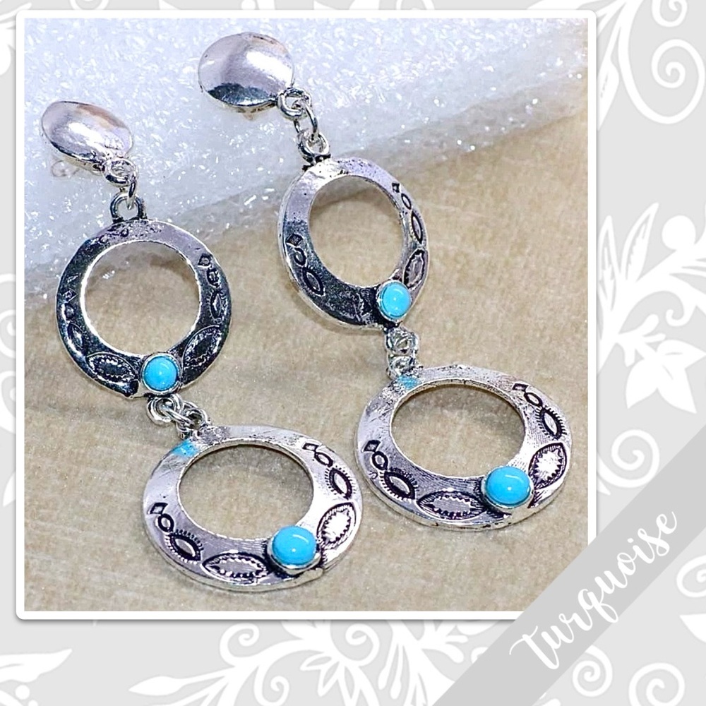 Turquoise Large Southwest Style Silver Drop Dangle Artisan Earrings, 2.5” (Blue)